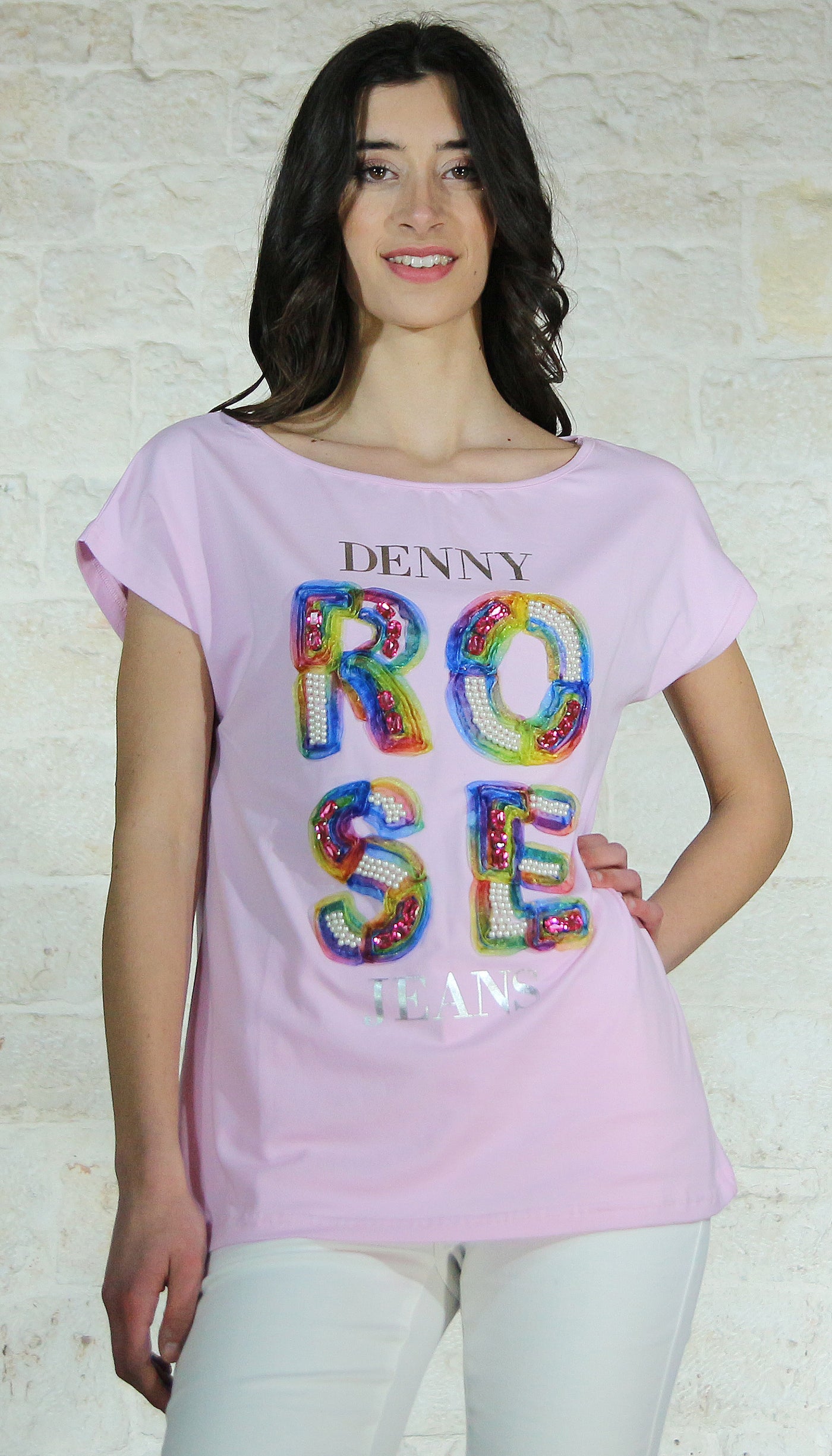 Denny Rose Jeans T-shirt con strass e perle