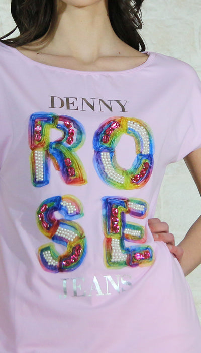 Denny Rose Jeans T-shirt con strass e perle