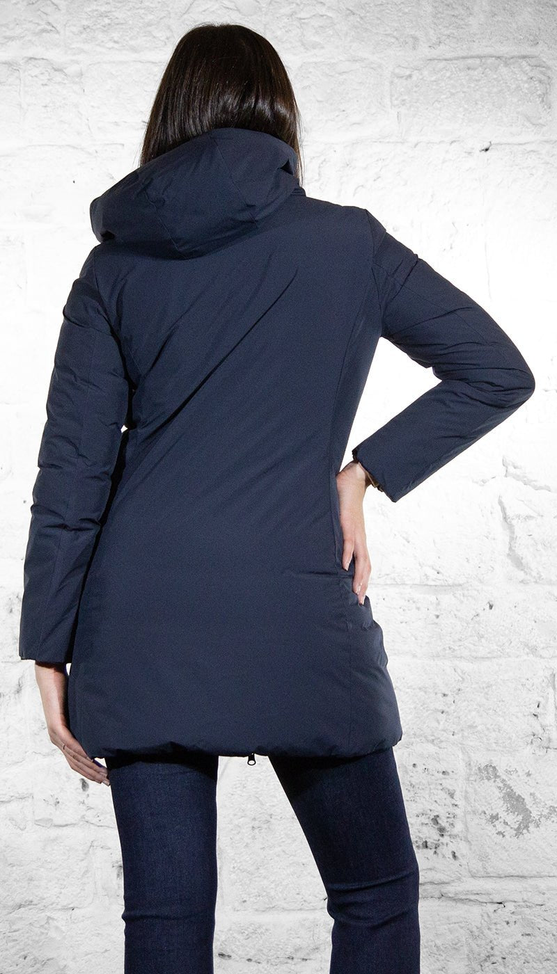 De Lamp Piumino lungo blu con cappuccio in tessuto reversibile trapuntato CW L863 Capispalla Donna - Boutique Luisa Trendy