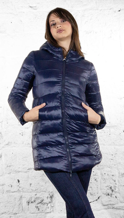 De Lamp Piumino lungo blu con cappuccio in tessuto reversibile trapuntato CW L863 Capispalla Donna - Boutique Luisa Trendy
