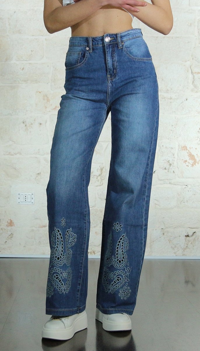 Denny Rose Jeans - Jeans a palazzo con ricamo. 411ND26042 Jeans - Boutique Luisa Trendy