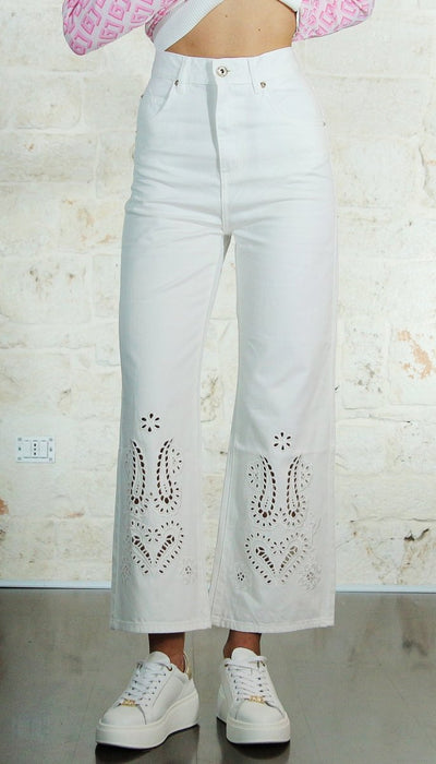 Denny Rose Jeans Pantalone largo bianco con ricamo 411ND25009 Pantalone Donna - Boutique Luisa Trendy