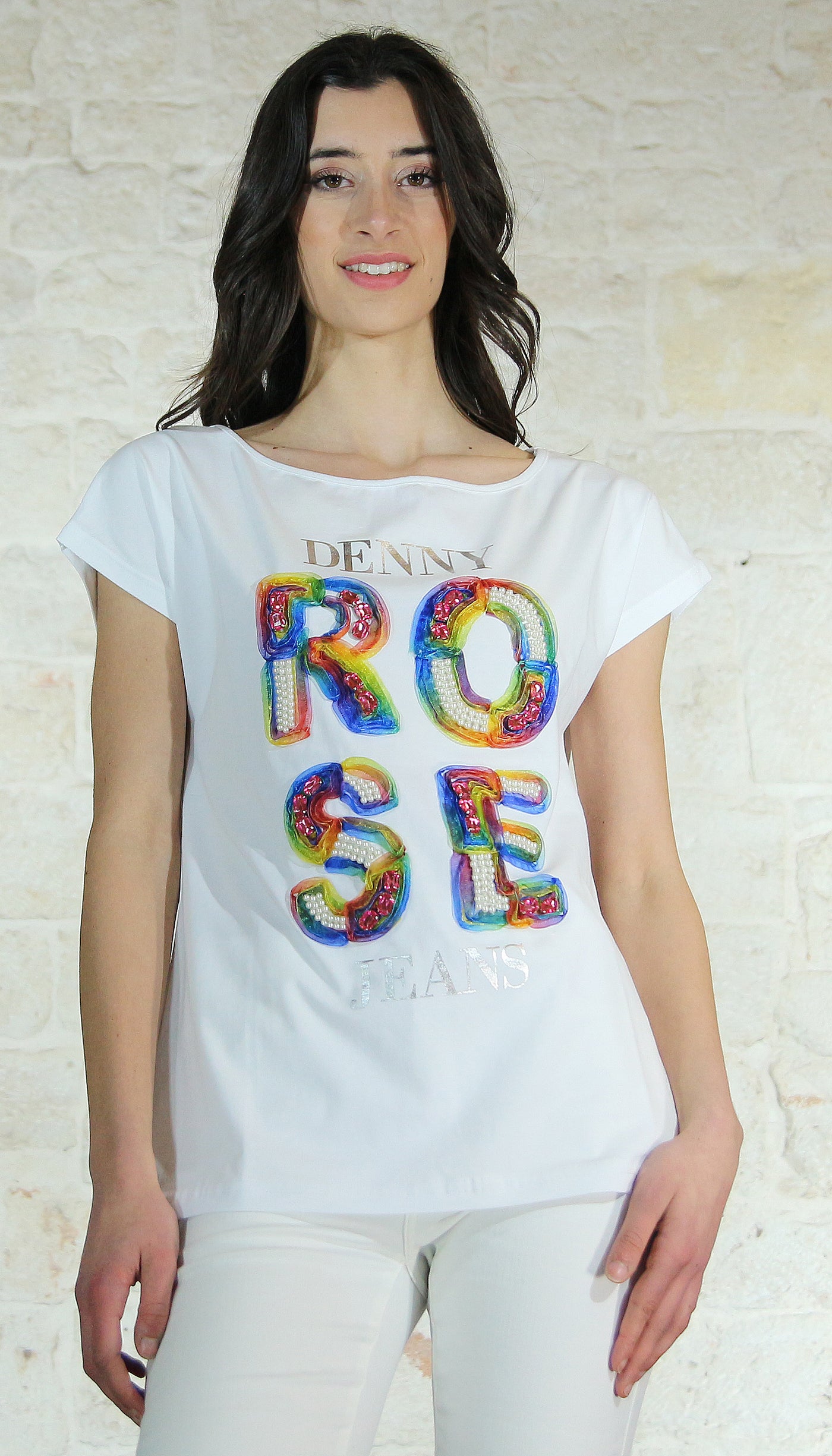 Denny Rose Jeans T-shirt con strass e perle