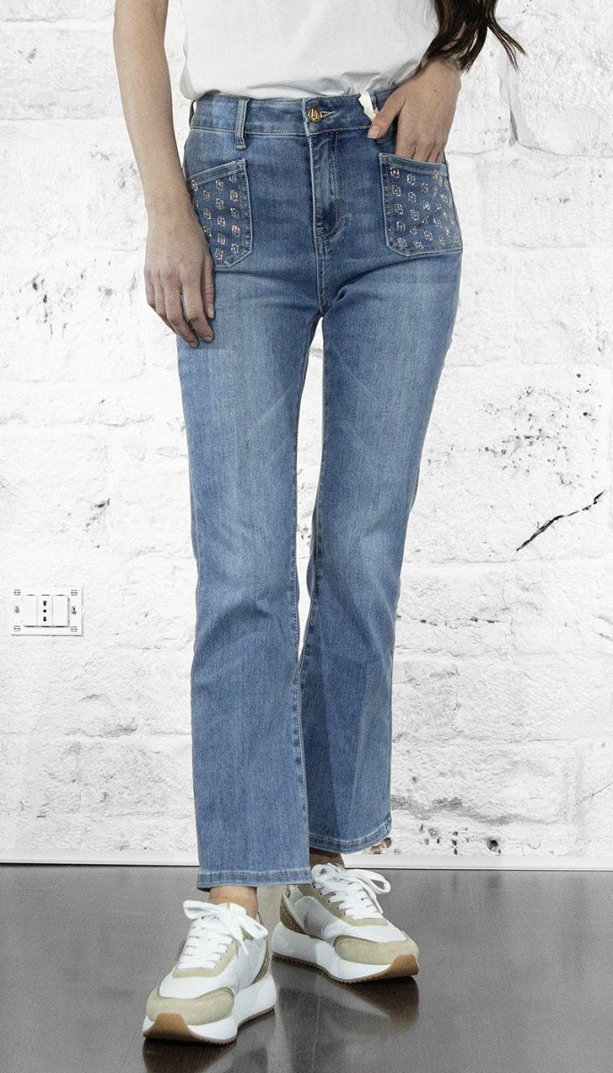 Gaudi Jeans flare cropped e tasche logo con strass Jeans - Boutique Luisa Trendy