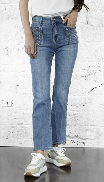 Gaudi Jeans flare cropped e tasche logo con strass Jeans - Boutique Luisa Trendy