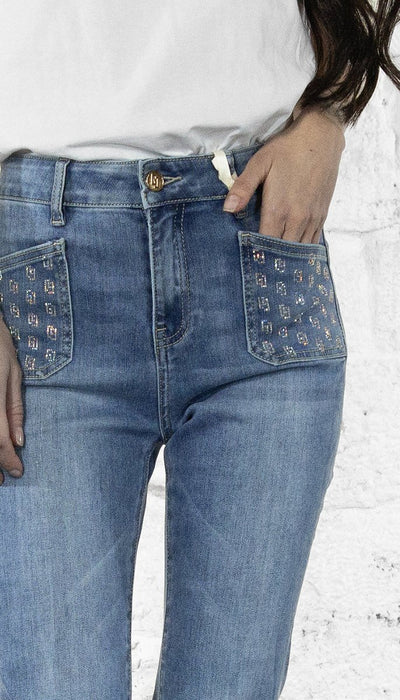 Gaudi Jeans flare cropped e tasche logo con strass Jeans - Boutique Luisa Trendy