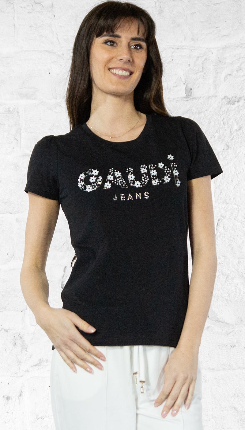Gaudi T-shirt donna nera con logo e strass T-Shirt e top - Boutique Luisa Trendy