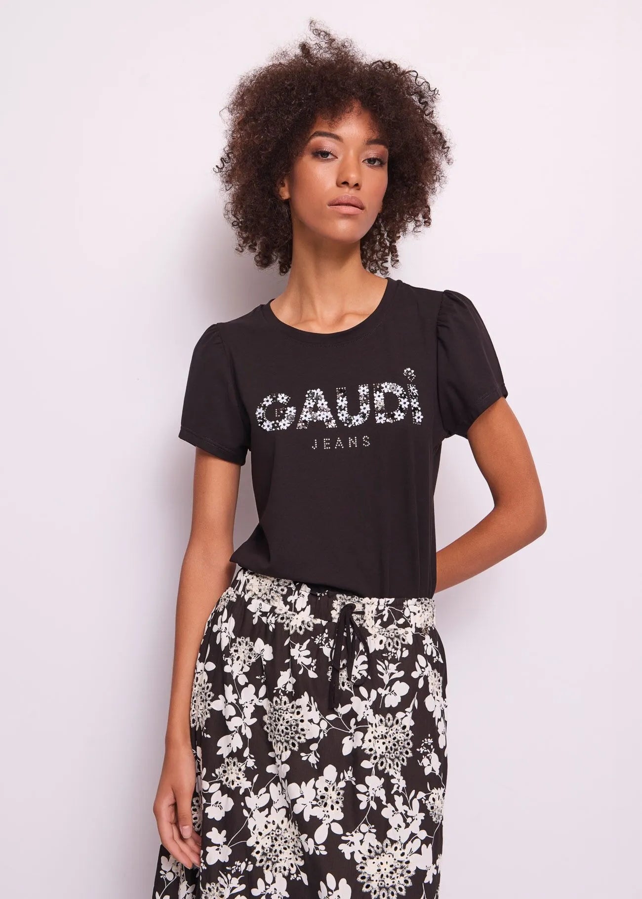 Gaudi T-shirt donna nera con logo e strass