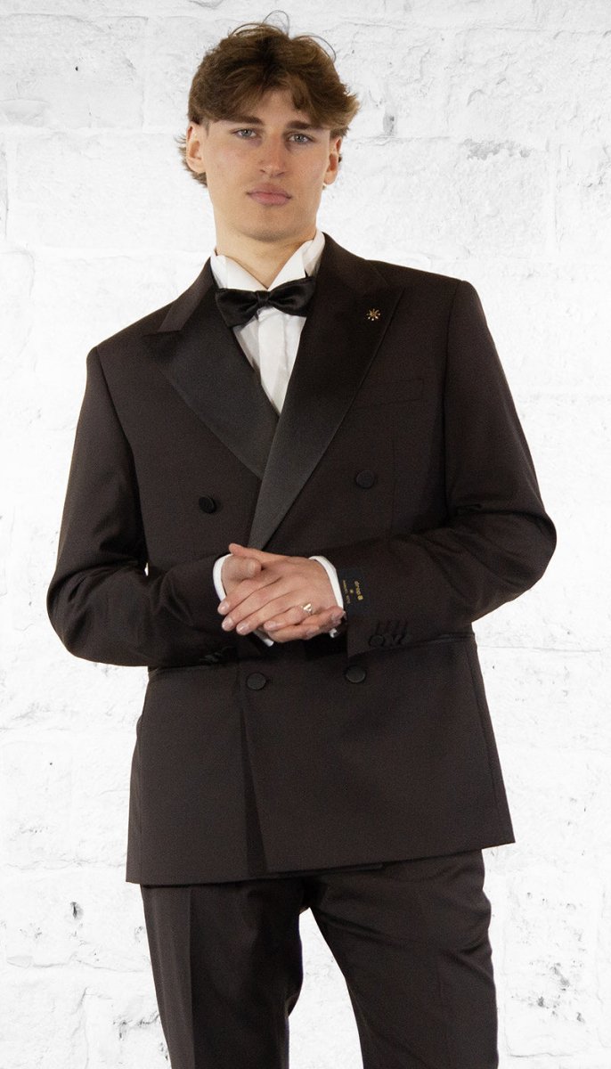 Manuel Ritz Abito doppiopetto marrone in lana con revers in raso Abiti e giacche - Boutique Luisa Trendy