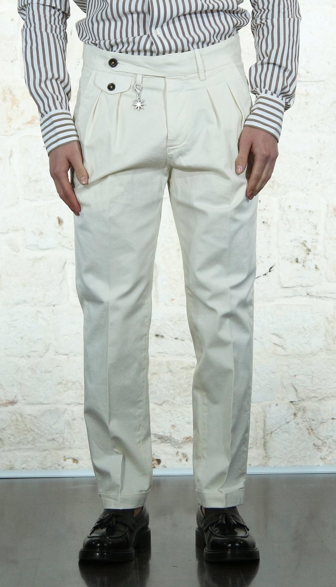Manuel Ritz Pantalone doppia pinces baggy twill cotone stretch bianco Pantaloni Uomo - Boutique Luisa Trendy