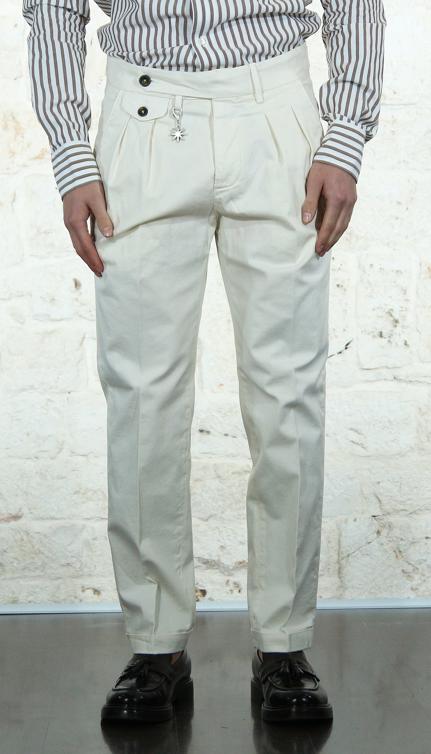 Manuel Ritz Pantalone doppia pinces baggy twill cotone stretch bianco