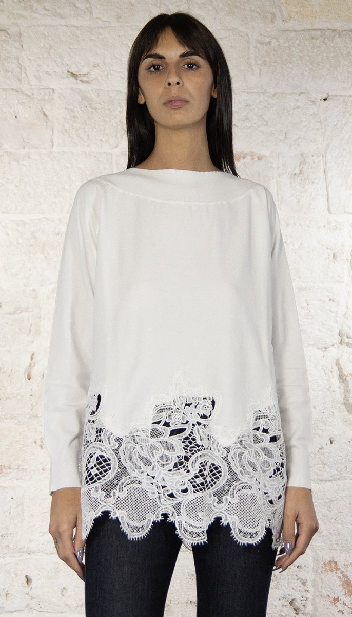 Nosecrets Milano Maglia scollo barca fondo pizzo bianco Maglie e cardigan Donna - Boutique Luisa Trendy