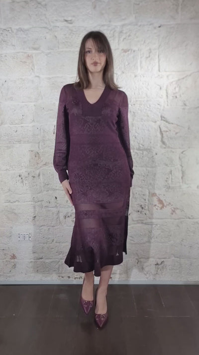 Twinset Abito midi bordeaux in maglia traforata