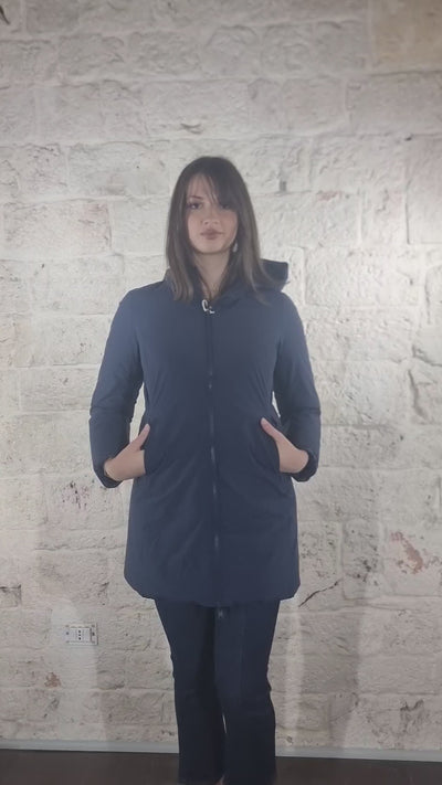 De Lamp Piumino lungo blu con cappuccio in tessuto reversibile trapuntato CW L863