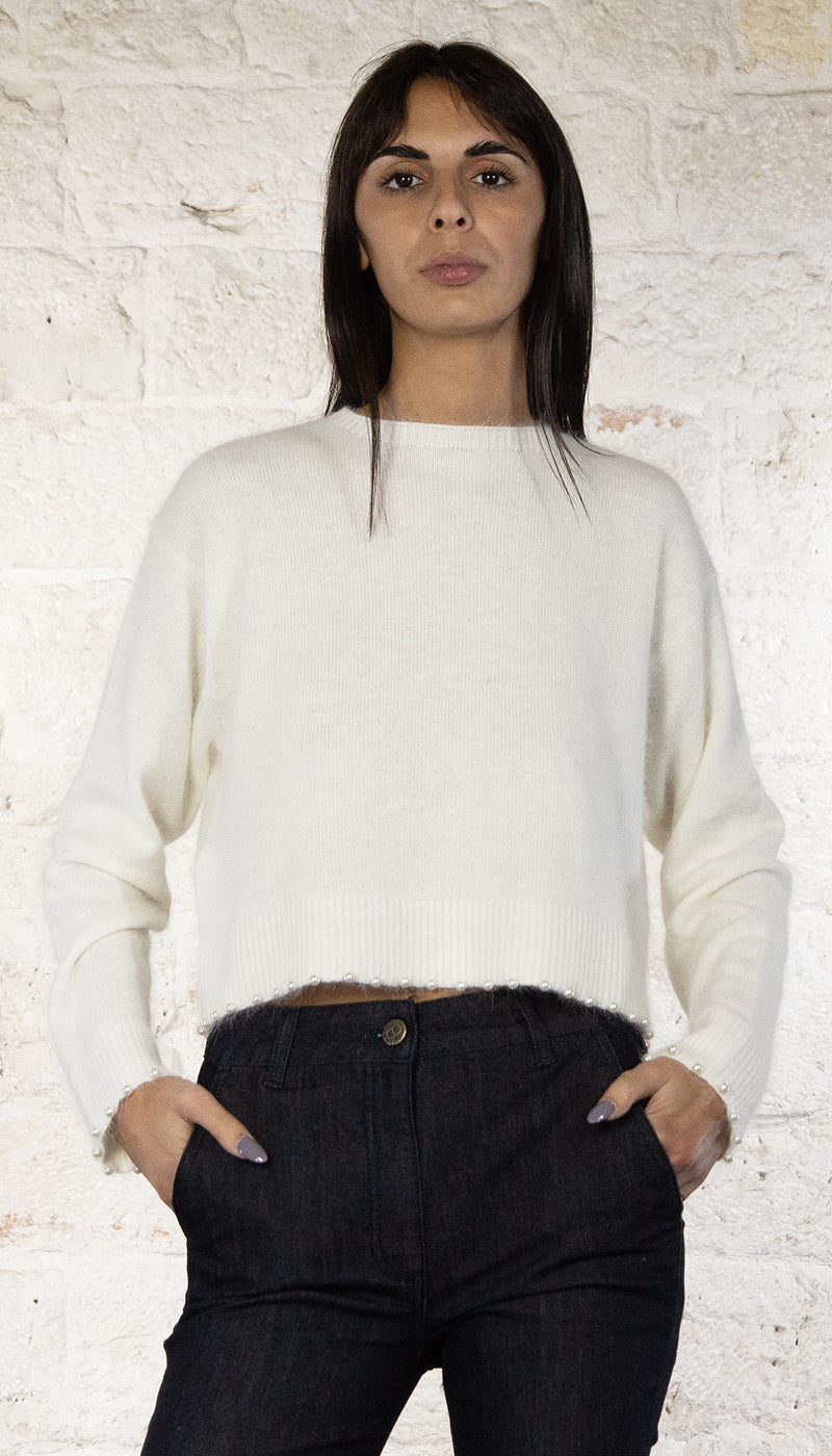 Twinset Milano Maglia cropped in misto angora con perle