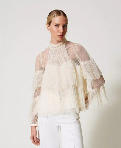 Twinset Blusa in tulle con balze plissé