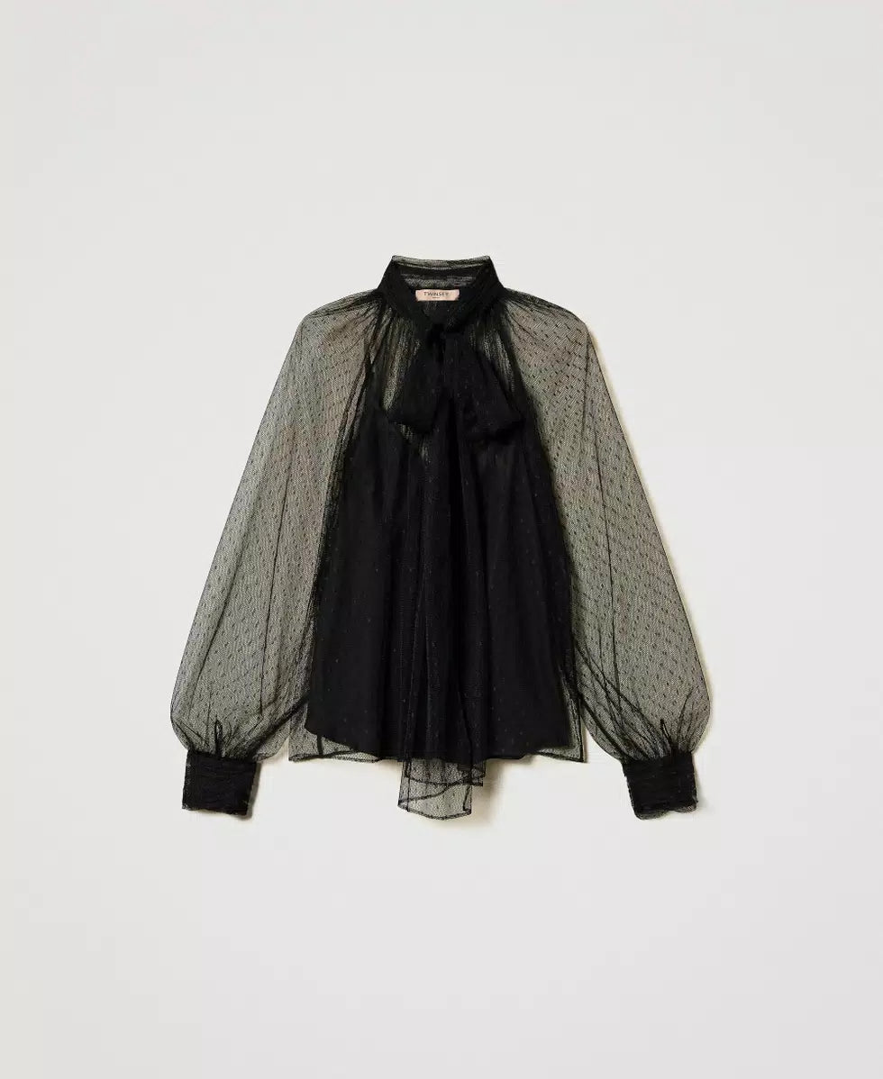 Twinset Blusa in tulle con collo a fusciacca