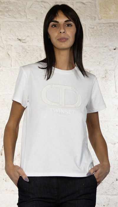 Twinset Milano T-shirt bianca logo Oval - t in strass 242TT2460 T-Shirt e top - Boutique Luisa Trendy