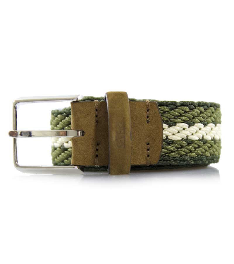 Cintura Seventy uomo verde e beige elastica intrecciata con inserti in camoscio marroni con logo seventy impresso. - Luisa Trendy (5181168386183)