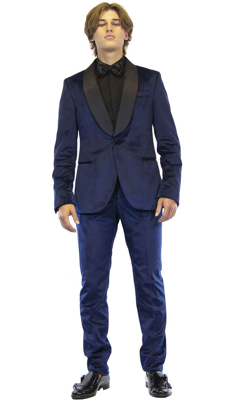 Abito smoking uomo Manuel Ritz blu in velluto e collo sciallato in raso nero. 2730AR3339 193539 - Luisa Trendy (5202587615367)