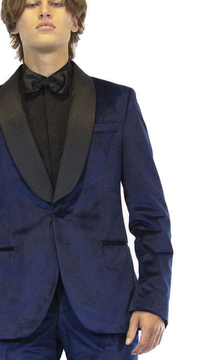 Abito smoking uomo Manuel Ritz blu in velluto e collo sciallato in raso nero. 2730AR3339 193539 - Luisa Trendy (5202587615367)