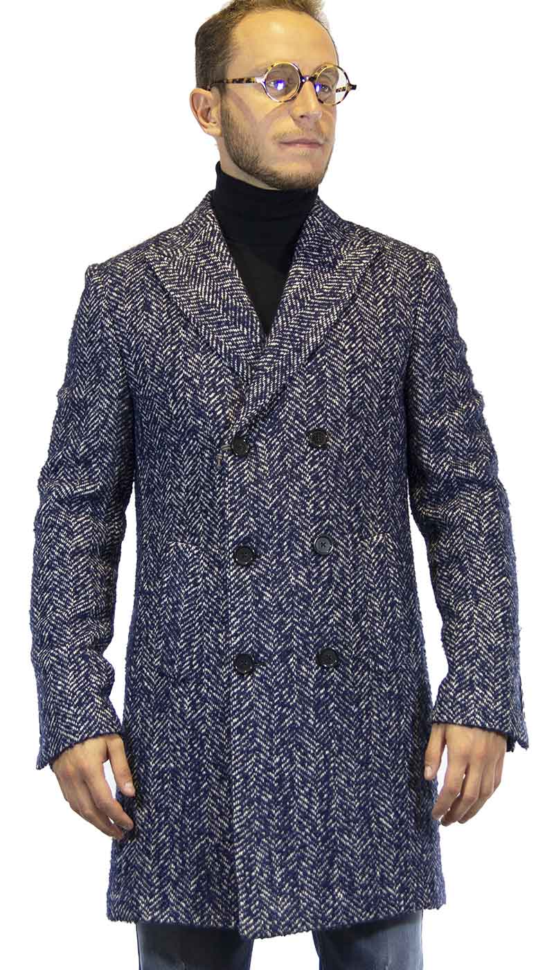 Cappotto uomo Havana & co doppiopetto in lana tweed spigato blu. H1145/T9532 - Luisa Trendy (5201652449415)