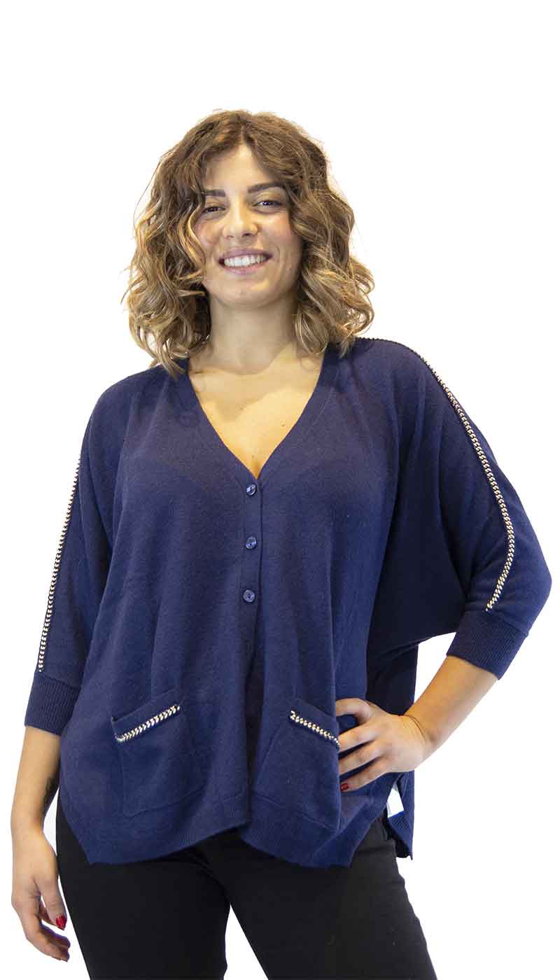 Cardigan donna Twinset blu in lana, maniche a pipistrello e applicazioni di catenine. TA53BE - Luisa Trendy (5196060131463)