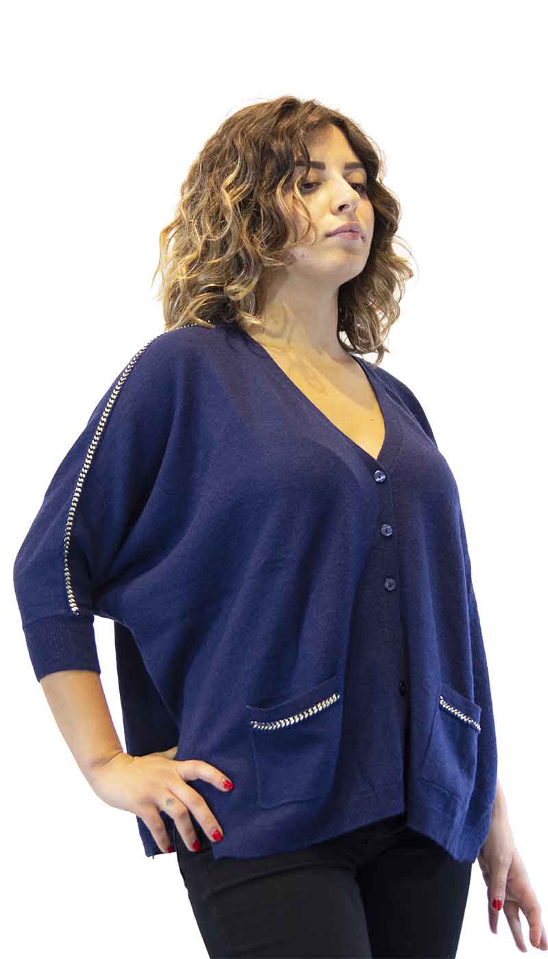 Cardigan donna Twinset blu in lana, maniche a pipistrello e applicazioni di catenine. TA53BE - Luisa Trendy (5196060131463)