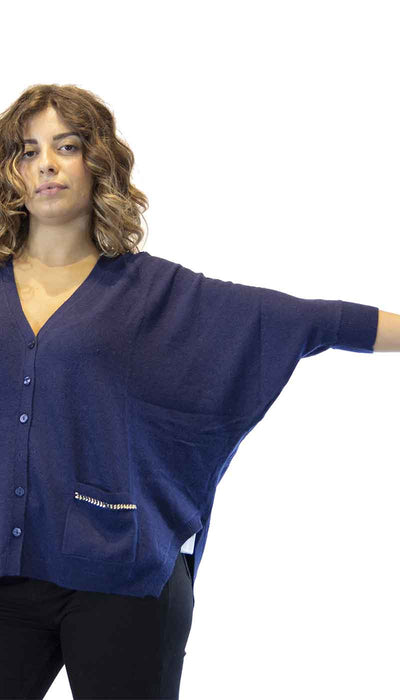 Cardigan donna Twinset blu in lana, maniche a pipistrello e applicazioni di catenine. TA53BE - Luisa Trendy (5196060131463)