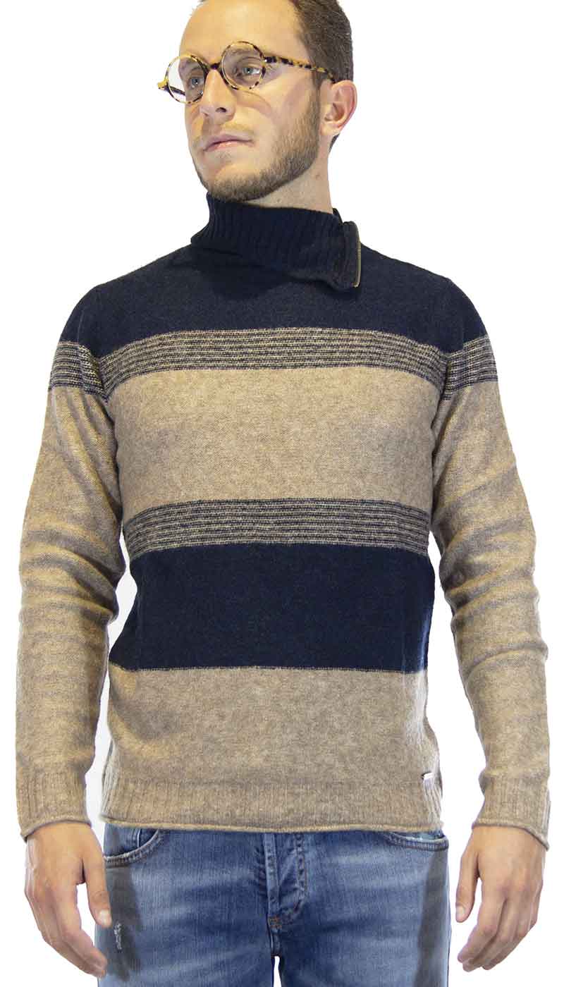 Maglione uomo Gaudì, collo alto, con zip laterale in lana beige e blu. A/I 2020/21 Art. 021GU53085 - Luisa Trendy (5182831263879)