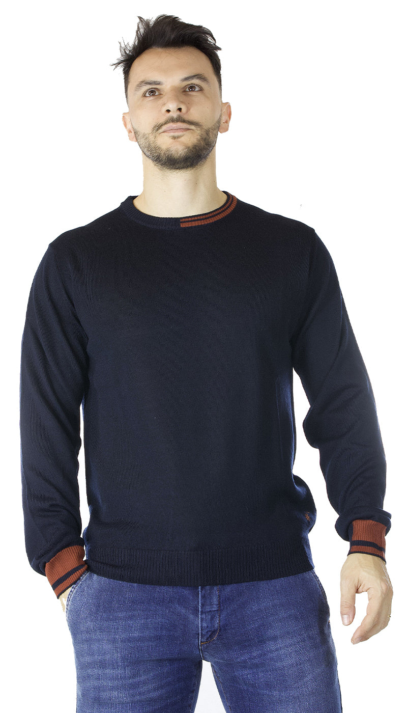 Manuel Ritz Maglia girocollo blu in lana con contrasti. 3132M502_213807_89 (6649881133191)