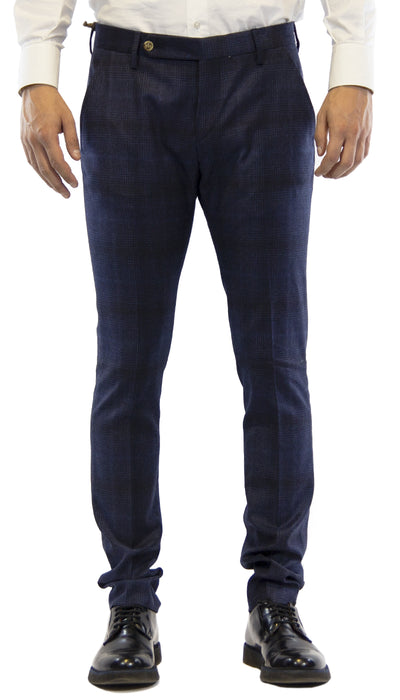 Pantalone uomo Entre Amis collezione O'Mast tasche america lungo con cinturino in lana fantasia quadri blu. - Luisa Trendy (5205800288391)