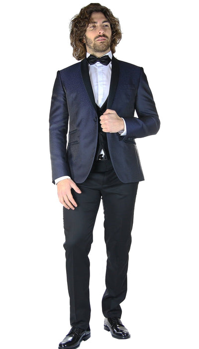 Angelo Toma Abito Smoking blu in satin con micro disegno. Abiti e giacche - Boutique Luisa Trendy