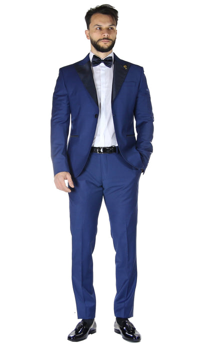 Angelo Toma Abito Smoking bluette con revers a lance in raso. Abiti e giacche - Boutique Luisa Trendy