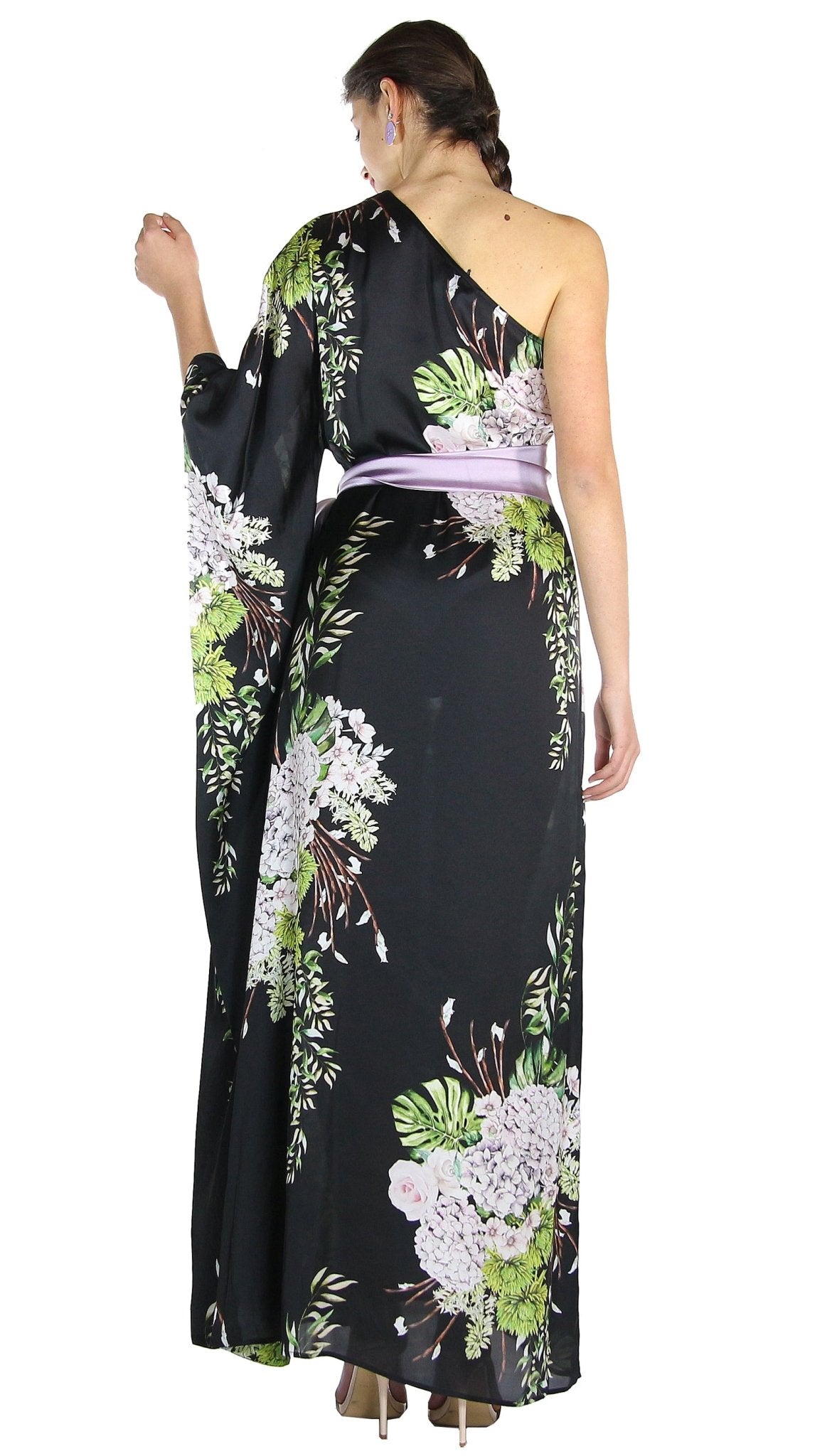 Atelier Legora Caftano monospalla in raso con cintura stampa fiori. Vestiti - Boutique Luisa Trendy