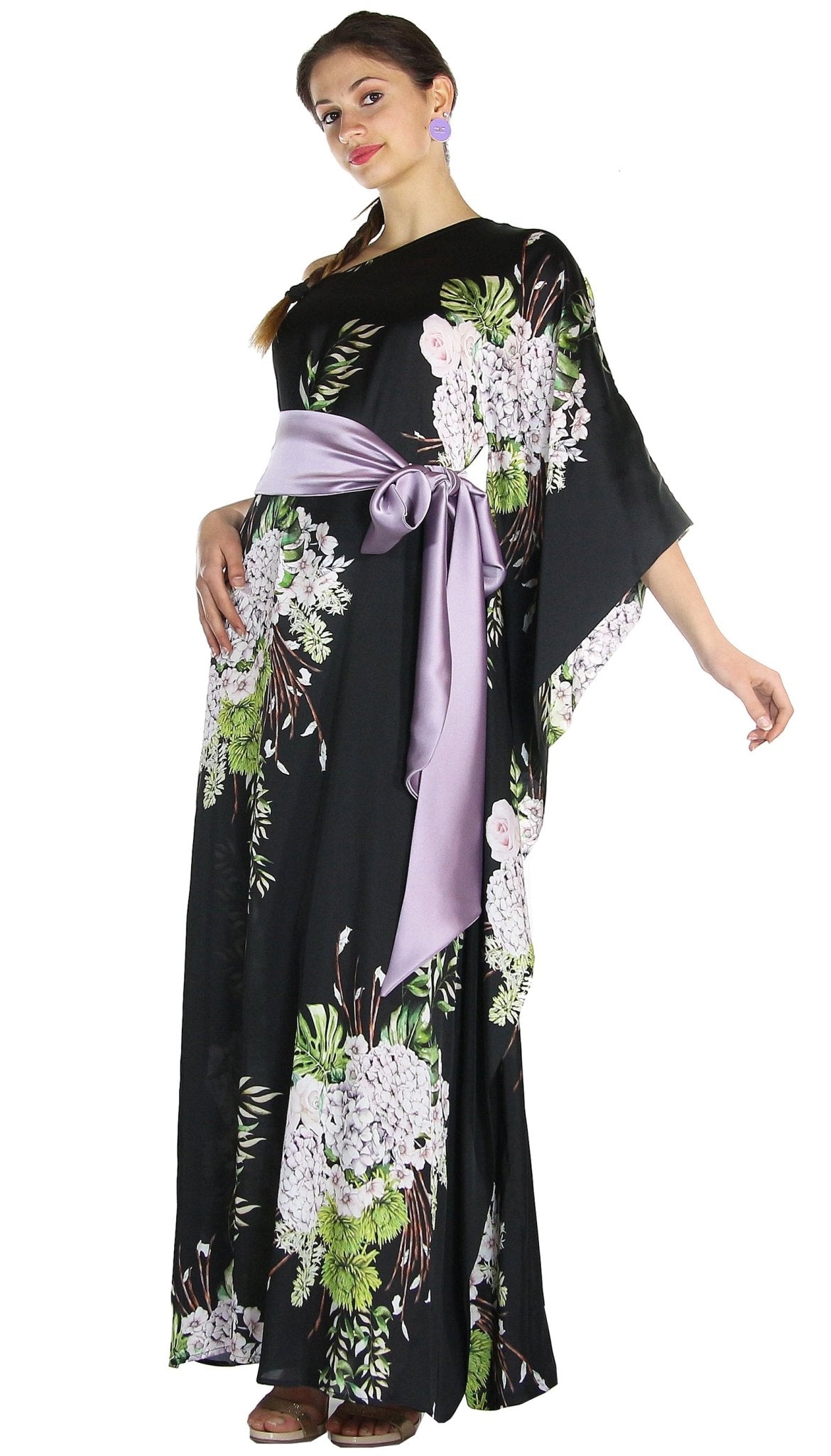Atelier Legora Caftano monospalla in raso con cintura stampa fiori. Vestiti - Boutique Luisa Trendy