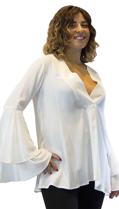 Blusa Who are you bianca in seta e maniche lunghe con volant. 428CM56 - Luisa Trendy (5197657866375)