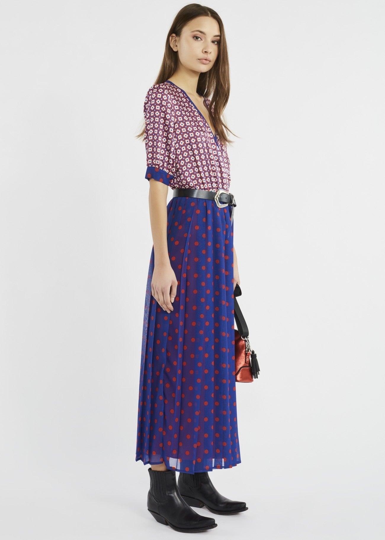Denny Rose Abito donna lungo con mix di stampe e scollo a V Vestiti - Boutique Luisa Trendy