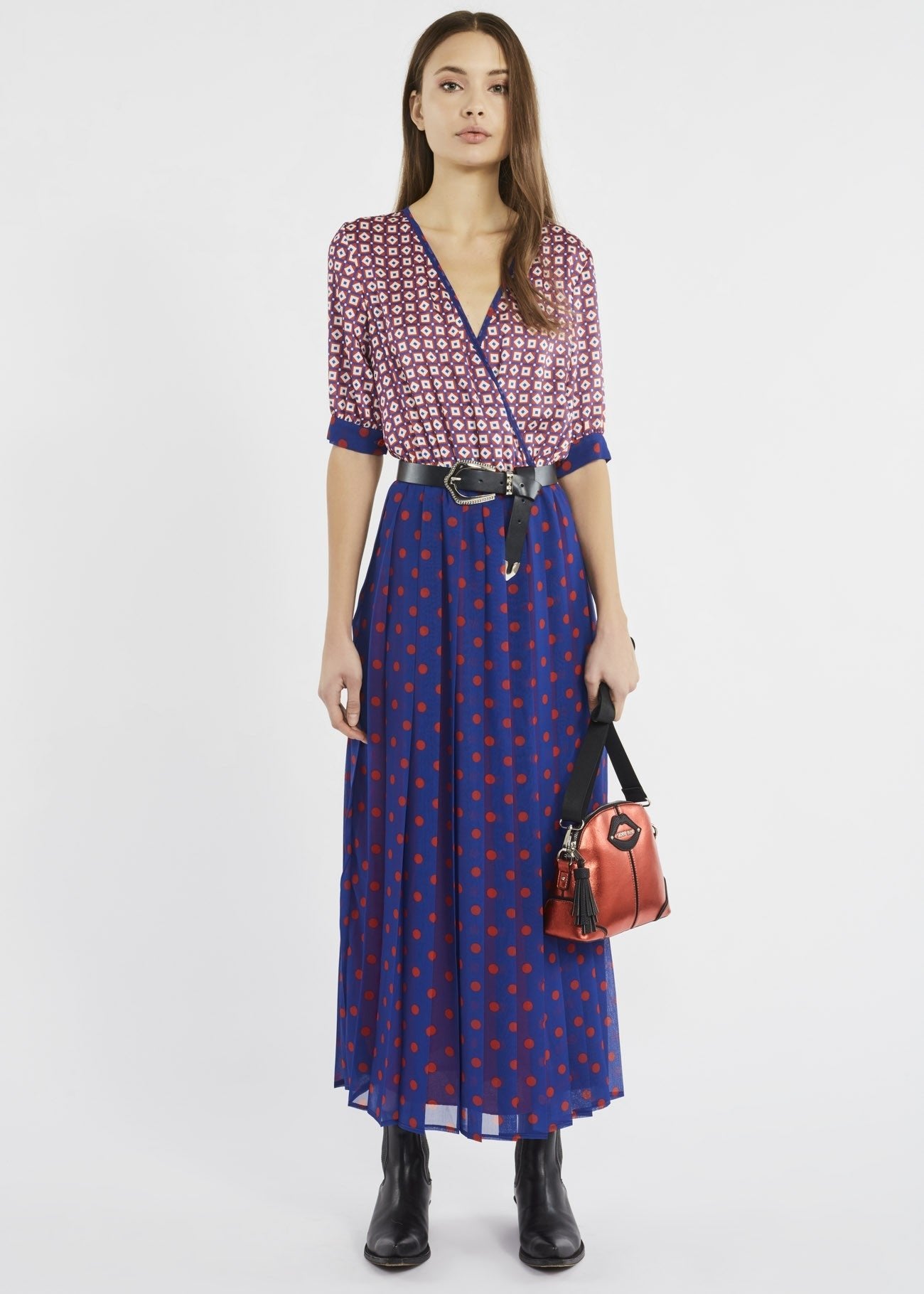 Denny Rose Abito donna lungo con mix di stampe e scollo a V Vestiti - Boutique Luisa Trendy