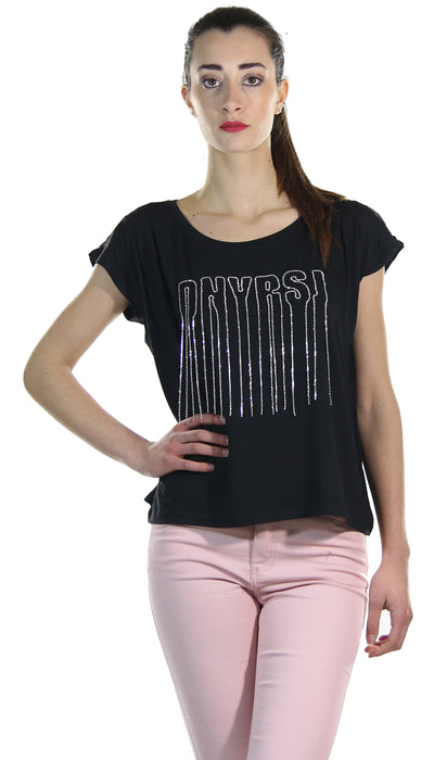 Denny Rose Jeans T-shirt con lettering in strass