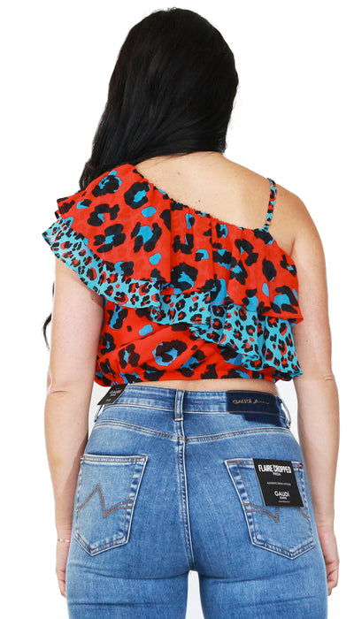 Denny Rose Jeans Top monospalla stampa animalier