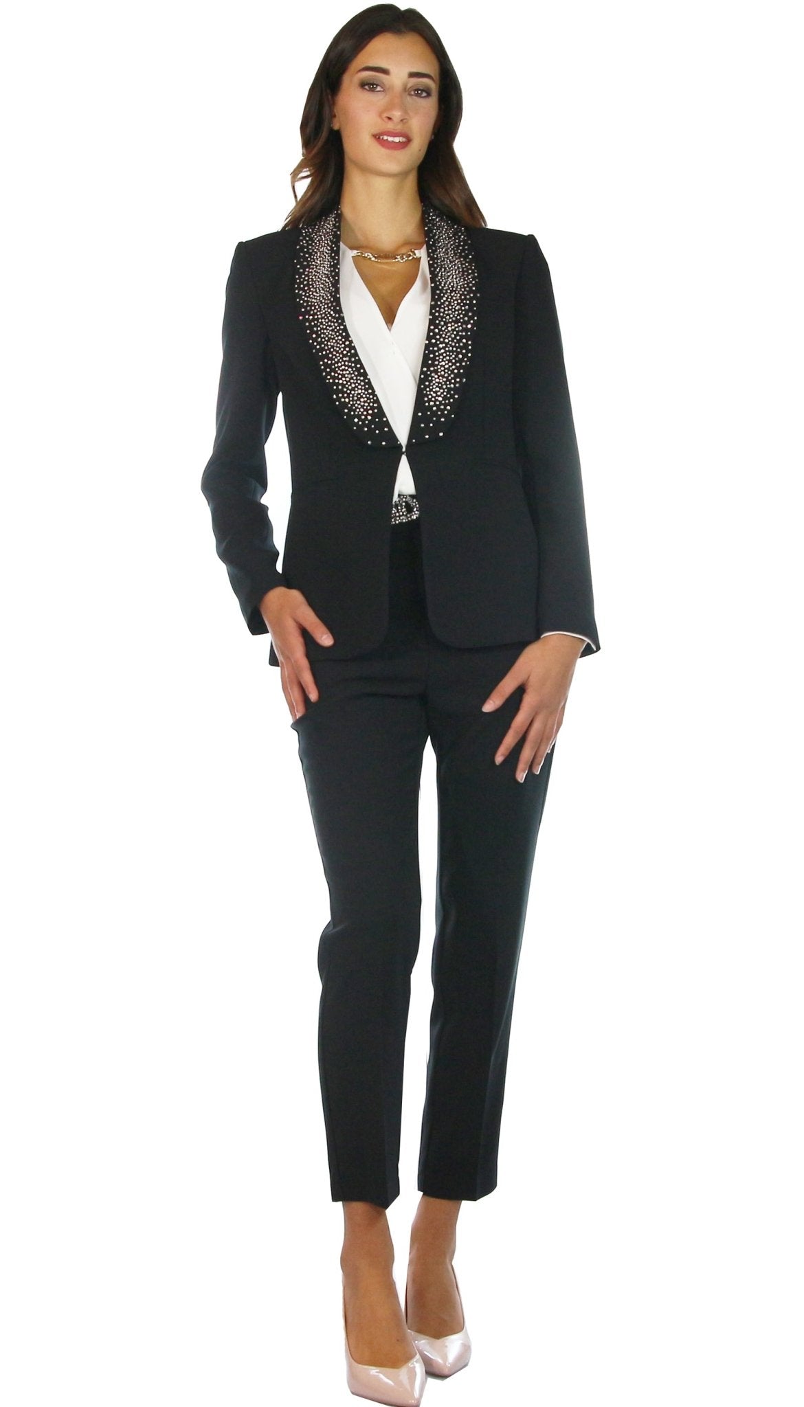 DiveDivine Tailleur in crêpe con collo sciallato in strass Tailleur - Boutique Luisa Trendy