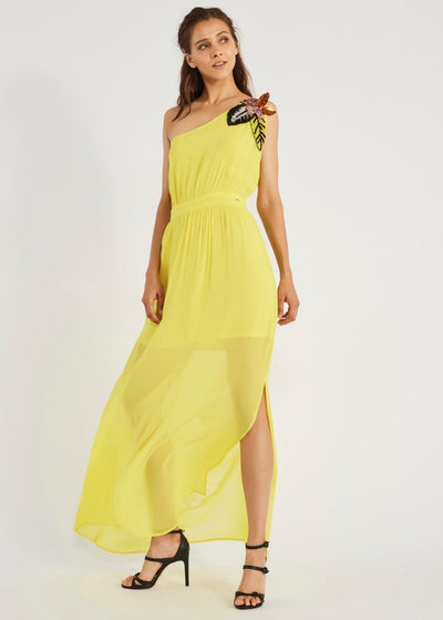 Gaudì Abito donna lungo monospalla con patch floreale in paillettes giallo lemon Vestiti - Boutique Luisa Trendy