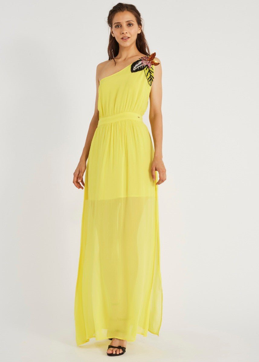 Gaudì Abito donna lungo monospalla con patch floreale in paillettes giallo lemon Vestiti - Boutique Luisa Trendy