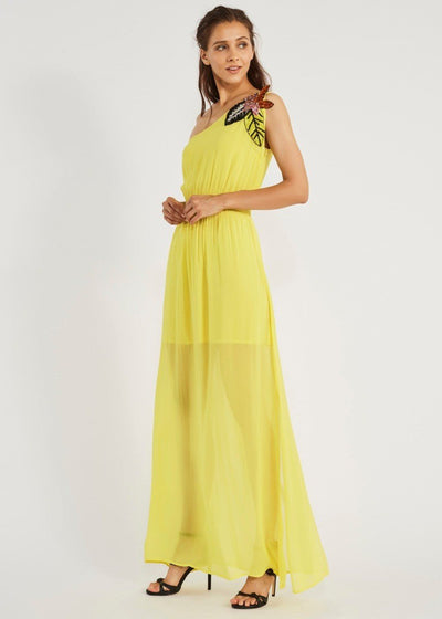Gaudì Abito donna lungo monospalla con patch floreale in paillettes giallo lemon Vestiti - Boutique Luisa Trendy