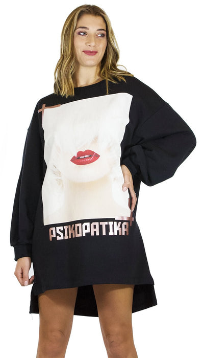 Gli Psicopatici Mini abito donna in felpa nero modello oversize con stampa Psikopatika. Vestiti - Boutique Luisa Trendy