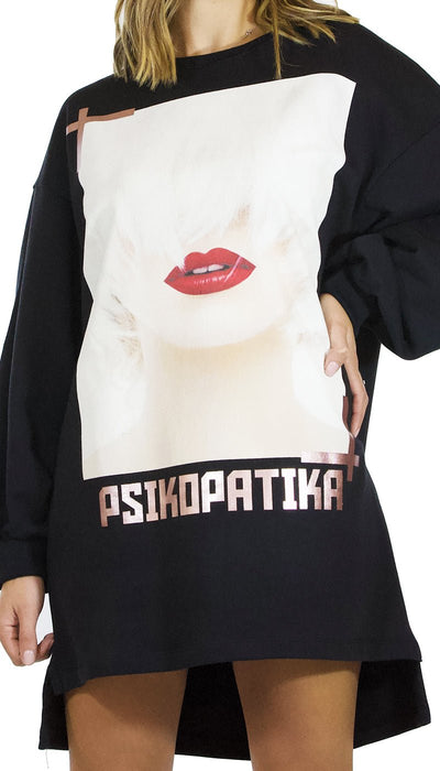 Gli Psicopatici Mini abito donna in felpa nero modello oversize con stampa Psikopatika. Vestiti - Boutique Luisa Trendy