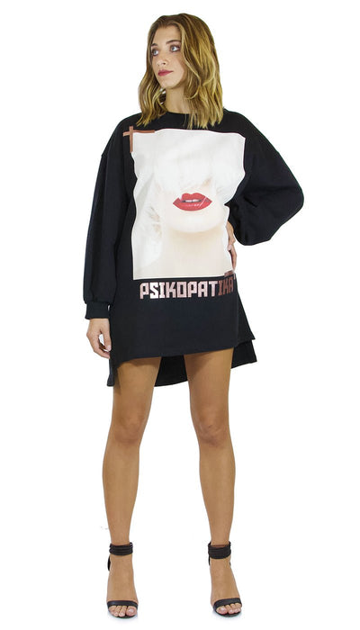 Gli Psicopatici Mini abito donna in felpa nero modello oversize con stampa Psikopatika. Vestiti - Boutique Luisa Trendy