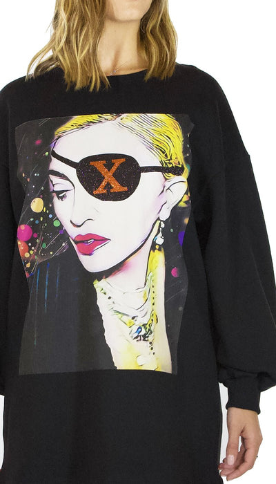Gli Psicopatici Mini Abito in felpa nero modello oversize con stampa cantante Madonna. Vestiti - Boutique Luisa Trendy