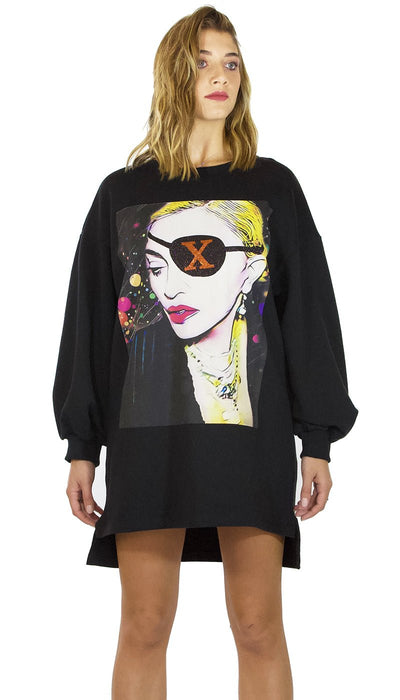 Gli Psicopatici Mini Abito in felpa nero modello oversize con stampa cantante Madonna. Vestiti - Boutique Luisa Trendy